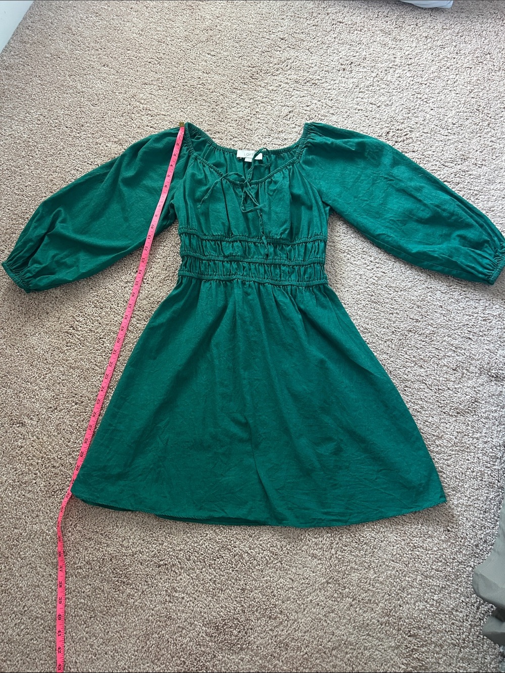 LOFT Pine Green Peasant Dress Smocked Waist 3/4 Sleeve